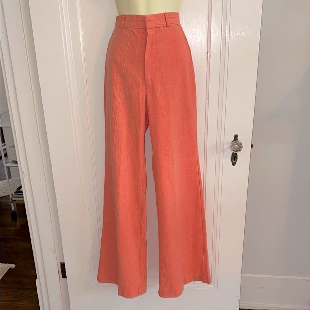 Vintage‎ 70s Coral Crinkle Cloth High Waisted Wide-Leg Pants